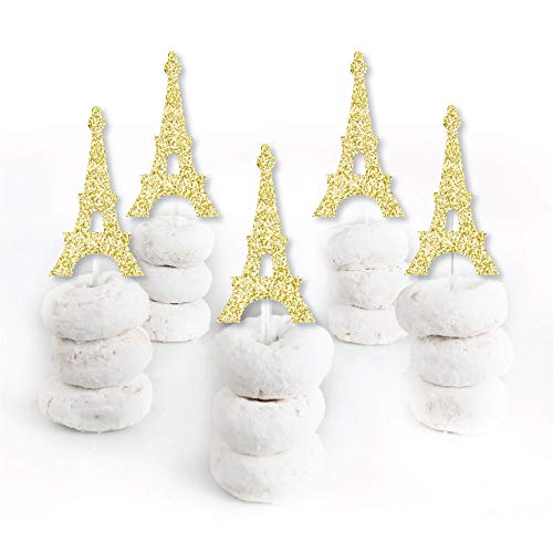 Gold Glitter Eiffel Tower - No-Mess Real Gold Glitter Dessert Cupcake Toppers - Paris Themed Baby Shower Or Birthday Party Clear Treat Picks - Set Of 24 #TOP1