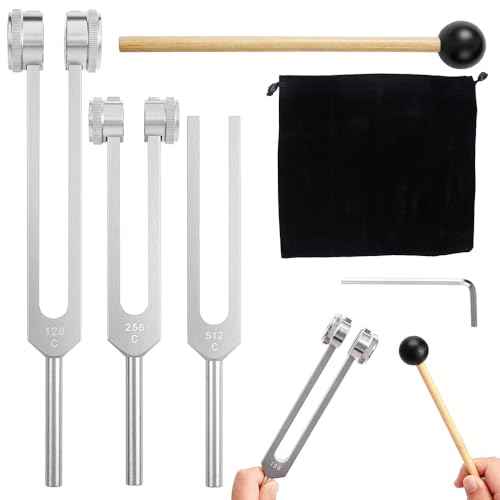 KBIBCK Tuning Forks for Healing, Tuning Fork Set(128Hz, 256Hz, 512Hz), 128hz Healing Instrument with Silicone Hammer & Bag, Aluminum Alloy Tuning Forks for Medical, Therapy, ASMR Healing (Silver)