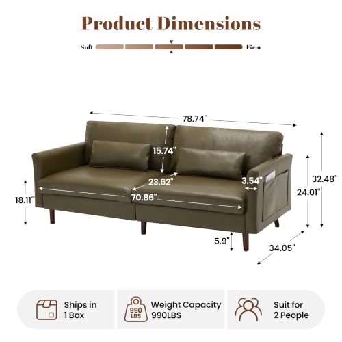 Image of Kingfun Faux Leather 3-Seater with Side Pocket, Olive Green