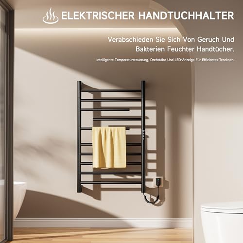 Elektrischer Badheizkörper Handtuchhalter 520 x 850 mm,Elektrischer badheizkörper schwarz,Handtuchheizkörper Elektrisch Energie Sparen,Einige Heizelemente sind drehbar,LED-Display,Touch Control,Timer