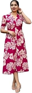 Women's Tropical Floral Print Midi Dress, Teal, Short Puff Sleeves, V-Neck, A-Line Fit Price In India
