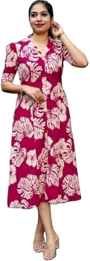 Women's Tropical Floral Print Midi Dress, Teal, Short Puff Sleeves, V-Neck, A-Line Fit
