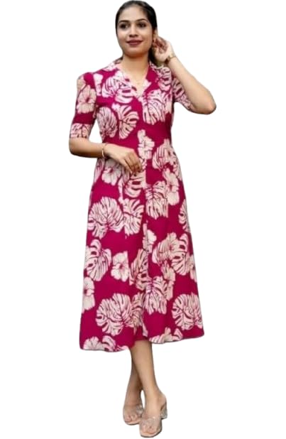 Women's Tropical Floral Print Midi Dress, Teal, Short Puff Sleeves, V-Neck, A-Line Fit - Review, Price and Buying Guide
