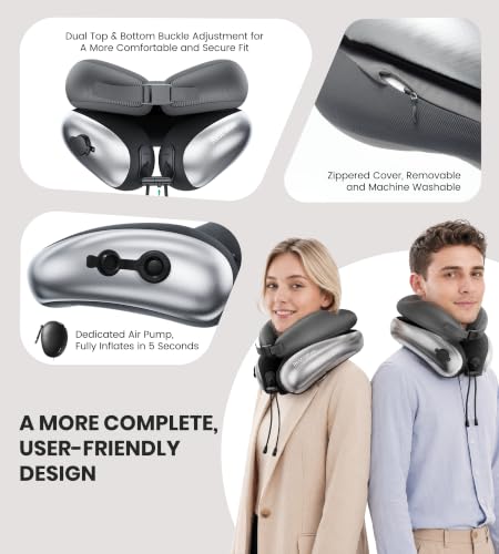 Image of Neck Pillow, Upgraded Adjustable Travel Neck Pillow for Airplane - Patented Inflatable Design with Memory Foam for 360 Ergonomic Head & Neck Support (White-M)