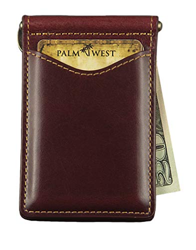 Palm West Leather Minimalist Leather Money Clip Wallet with RFID Blocking Technology, Dark Cherry
