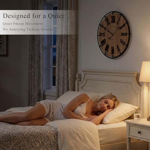 Image of EMAX HOME Inch Modern Farmhouse Wall Clock, Warm Wood-Tone Dial with Black Metal Outer Ring, Silent Non-Ticking Quartz Mechanism, Raised Roman Numerals for Bedroom, Nursery, or Living Room Wall Art