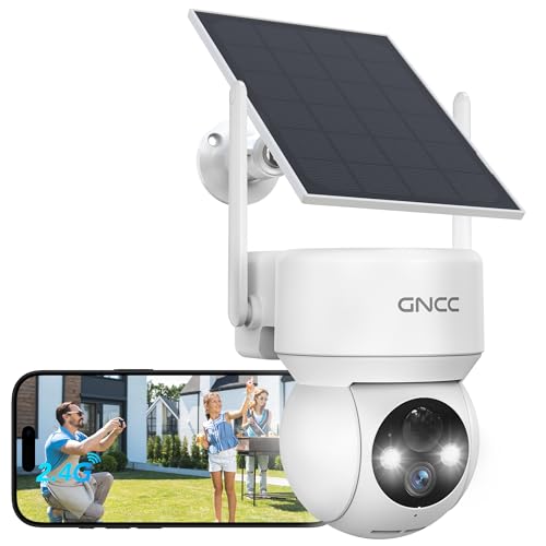 GNCC Solar Security Camera Outdoor Wireless 1080P/2MP CCTV Camera Systems, 360° PTZ Battery Powered Outdoor Camera, PIR Motion Detection, Colour Night Vision, 2-Way Audio, 2.4 GHz Wi-Fi Only