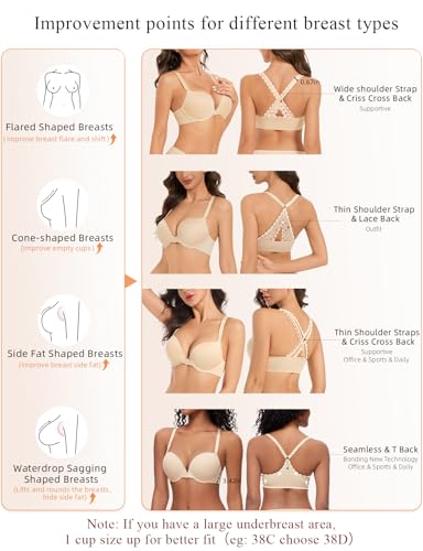 Upushall Women's Push Up Racerback Bra Front Closure Thick Padded Seamless Criss-Cross Back Underwire Bra Add Two Cup Beige 34C — view 5