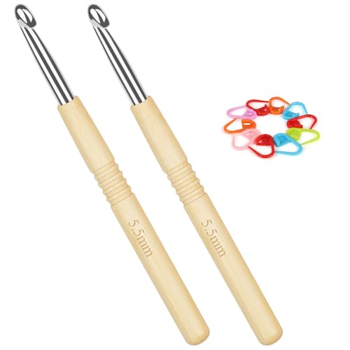 Coopay 2 agujas de ganchillo de 5,5 mm, ergonómicas con mango de bambú antideslizante y cabeza de...