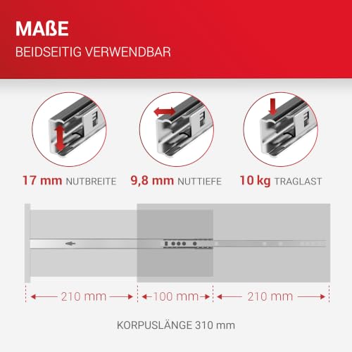 Foto von LouMaxx Schubladenschienen 17mm Nut Kugelauszug Stahl, 310 mm, 1 Paar