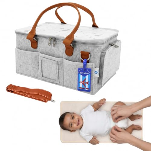 Image of OCEANEVO Cute Diaper Caddy Organizer Bag WITH Lid, Changing Mat & Luggage Tag | New Born Baby Essentials Storage Basket with Compartments and Removable Shoulder Strap | 40 x 27 x 19 Cm - Grey