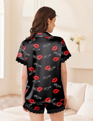 Image of Ekouaer Womens Lace Satin Pajama Set Button Down Pj Shorts Set Bridesmaids Getting Ready Outfits Casual Sleepwear XS-XXL