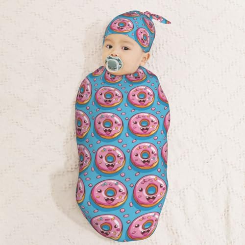 Image of Happy Doughnuts Newborn Swaddle Blankets Hat Sets Soft Baby Receiving Blanket Swaddle Sack for Baby Shower Infant Boy Girl Gift