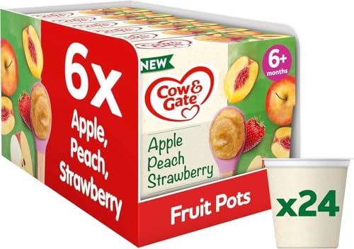 Cow & Gate Baby Food - Apple Peach & Strawberry - Baby, Toddler and Kids Snacks - Fruit Pot Multipack - 6+ Months - 4x100g (24 Pots)