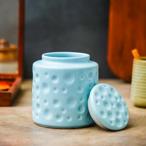 Image of Ceramic Storage Jar with Lid for Kitchen 800 ml | Decorative Ceramic Container for Tea, Coffee, Sugar, Spices, Cookies & Snacks | Multipurpose Countertop Food Storage Canister for Home | Sky Blue