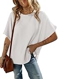 COMBEME Batwing Tops for Women Half Sleeve Loose Fit Tunic Tops Ribbed Knit Oversized Dolman Sleeve T Shirts(White Medium)