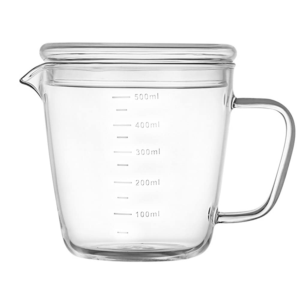 500ml Glass Measuring Cups with Scale Heat Baking Cup Mixing Cups Breakfast Milk Jug with Lid for Children Food Tea Cafe Transparent