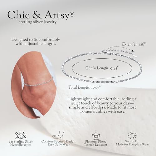 Image of CHIC & ARTSY 925 Sterling Silver Ankle Bracelets for Women, Adjustable Double Layer Chain Anklets, Minimalist Lightweight Foot Jewelry for Beach & Everyday Wear
