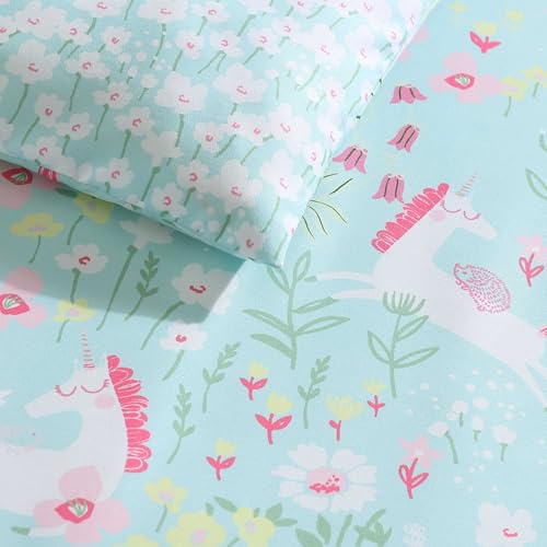 Laura Ashley - Kids Comforter Set, 100% Super Soft Toddler Bedding with Matching Shams & Bonus Decorative Pillow, Ideal Girl Room Essentials (Magical Unicorns Blue, Full/Queen)