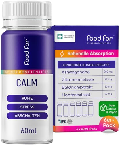 FOODFOR CALM Gaba Shot 60ml – Baldrian, Ashwagandha, Zitronenmelisse, Hopfen – Fördert Entspannung, Innere Ruhe & Stress Ruhepol – Zuckerfrei, Vegan, Schweizer 6-Pack – Kein Melatonin