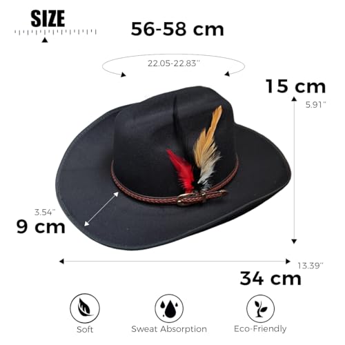 Image of Western Cowboy Cap for Men Women, Woolen Wide Brim Cowgirl Cap Belt Buckle Fedora Hat with Feather