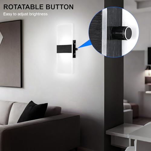 Image of Lightess Hardwired Wall Sconce with Switch, Black, 12W, Cool White, 1 Pack | Indoor Wall Light, Dimmable, Modern Acrylic Wall Mounted, For Hallway Stairway Bedroom