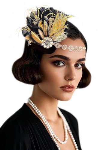 BABEYOND Diadema de plumas de los años 20, gran accesorio de Gatsby para mujer, tocado de Charleston, accesorio para disfraz de carnaval, negro y dorado