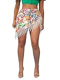 MakeMeChic Women's Floral Tie Side Wrap Tassel Mini Skirt Cover Up Beach Skirt Multicolor L
