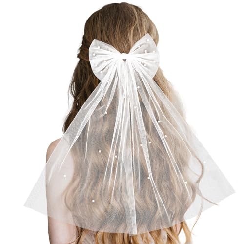 Velo de Novia con Lazo de Perlas, Grande Clip para el Pelo de Boda Corto Pasador de Velo Blanco para Novia Accesorios para Despedida de Soltera Regalo de Dama de Honor para Niñas Mujeres