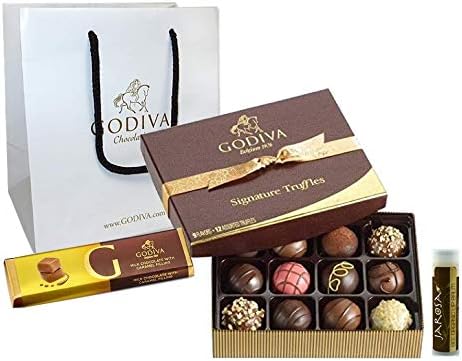 Godiva Chocolatier Signature Truffles, 12 Pieces with a Godiva Milk Chocolate Caramel Bar, Godiva Bag, and a Jarosa Chocolate Bliss Lip Balm