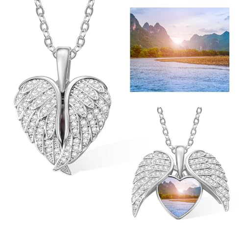 callie Personalized Angel Wings Photos Locket Necklace - Custom Pictures Pendant, Sterling Silver 925/Brass, Memory Jewelry Gifts for Women Mom