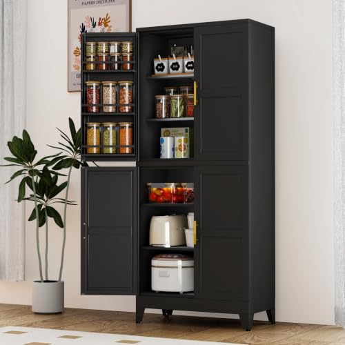 Image of GAIOUS 74.8 inch Tall Metal Food Cabinet, Black Kitchen Pantry Cabinet Cupboard | Food Storage, Kitchen Organizer, Storage Cabinet with 4 Door and 4 Adjustable Shelves, Steel Freestanding, for Dining Living