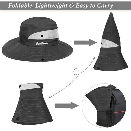 Image of Sun Hat for Women Summer UV Protection Beach Hat Wide Brim Mesh Bucket Fishing Hat with Ponytail Hole Foldable Packable Hat