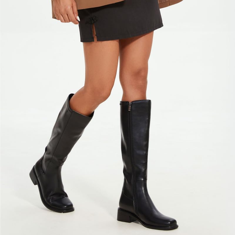 Knee High Boots Women Faux Leather Elastic Boots Low Heel Square Toe Side Zipper Fall Long Tall Boots for Women - Image 3