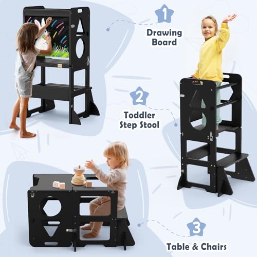Image of Woodure 4 in-1 Toddler Kitchen Step Stool, Foldable Learning Standing Tower with Blackboard, Wooden Kitchen Stool Helper for Kids, 1-3 Year Old Boy Girl Gifts - Black