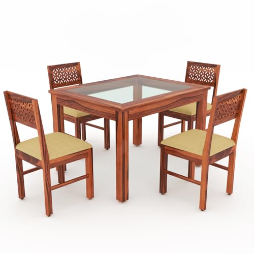 Image of Solid Sheesham Wood Dining Glass Top Table Set of 4| Wooden 4 Seater Dining Table with 4 Chairs with Cushion|Wood Dining Table & Chairs for Home, Restaurant, Dining Room |Honey Finish