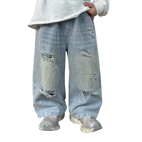 Boys Distressed Denim Jeans Baggy Style Elastic Waist Comfortable Fashionable Ripped Pants for Active Kids