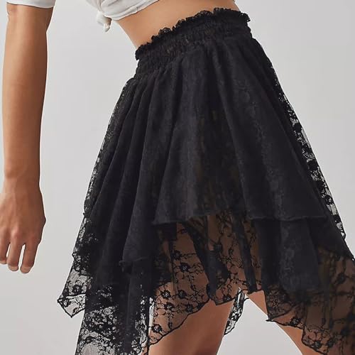 Image of Women's Y2k Lace Half Slip Skirt Low Rise Pleated Ruffle LaceTrim Mini Skirt Layered Flowy Short Skirts Underskirt