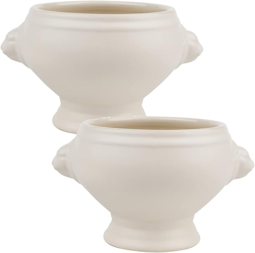 Matt Finish Porcelain Soup Bowl with Handles, Lion's Head Style for French Onion Soup, Set of 2 (White *2)