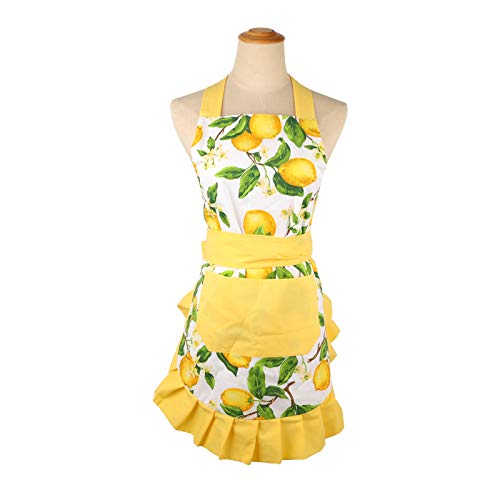 G2PLUS Thick Lemon Cotton Apron, Kitchen Apron for Women, Adjustable Cooking Apron with Pocket for Baking, Garden, Christmas