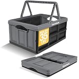 CleverMade Collapsible Shopping Basket 32L – Folding Grocery Basket with Handles, Stackable Reusable Storage Crate with 35 lb Capacity, Recycled Plastic, Car Trunk Organizer - Stone Gray