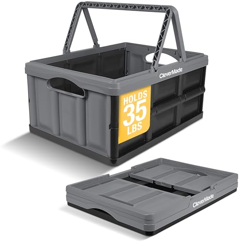 Image of CleverMade Collapsible Shopping Basket 32L - Folding Grocery Basket with Handles, Stackable Reusable Storage Crate with 35 lb Capacity, Recycled Plastic, Car Trunk Organizer - Stone Gray