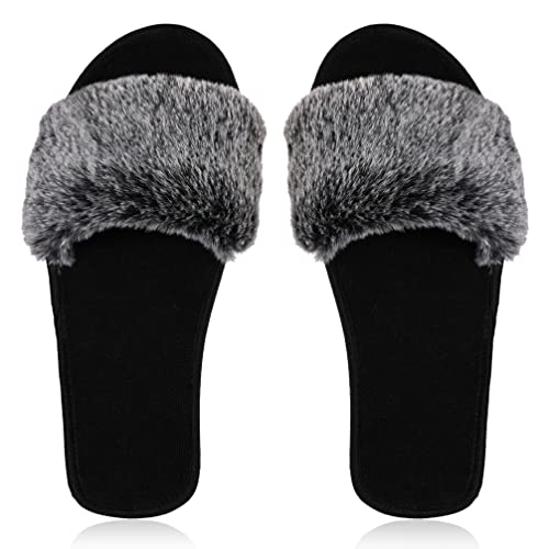 Image of womens Top Fuzy + Tery Black-open-f Slide Sandal