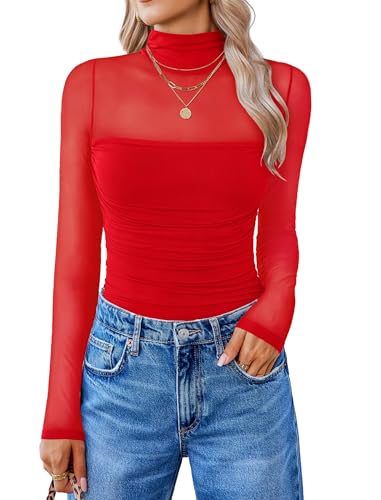 Avidlove Christmas Outfits for Women Long Sleeve Mesh Bodysuit Mock Neck Body Suits Sheer Going Out Tops