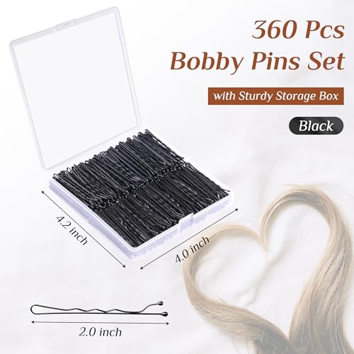 Bobby Pins - 360 Pcs, 2 Inch Premium, Secure Hold, Black Bobby Pins for Kids, Girls & Women
