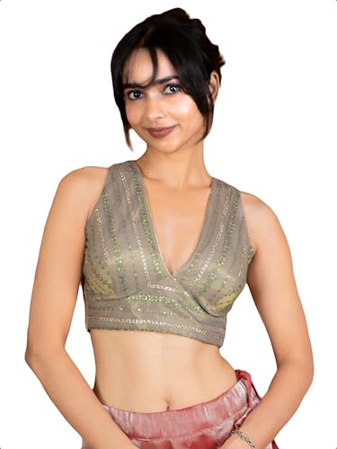 Image of FIGURE'S DESIGNER Women's Sequin Embroidered SabyaSachi Cut V Neck Sleeveless Readymade Saree Blouse E24