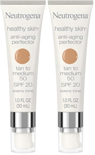 Image of Neutrogena Healthy Skin Anti-Aging Perfector Tinted Facial Moisturizer and Retinol Treatment with Broad Spectrum SPF 20 Sunscreen with Titanium Dioxide, 50 Tan to Medium, 1 fl. oz (Pack of 2)
