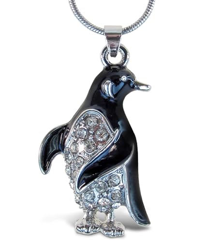 Puzzled Silver Penguin Necklace - Charming Silver Detailed Necklace with Sparkling Rhinestone Crystal Penguin Charm, Cute Jewelry Pendant Necklace Accessory with Long Silver Chain - 18 Inches
