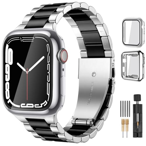 Lerobo Compatible with Apple Watch Band 44mm 42mm 40mm 38mm 41mm 45mm 46m 49mm, Solid Stainless Steel Metal Band with 2 Pack Protective Cover Case for iWtach Series 11 10 9 8 7 6 5 4 3 SE Ul