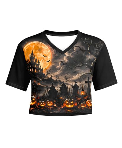 PICKID Halloween Shirts Women Spooky Season Tshirt Pumpkin Bat Graphic Tops - image 5